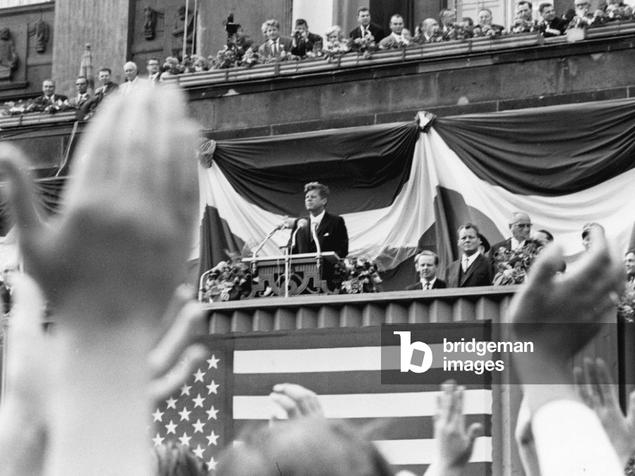 President J.F.Kennedy speaking to the crowd outside the Schöeneberger Rathaus
