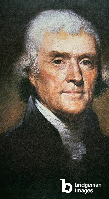 3rd President of the USA (1801-09), author of the Declaration of independence; Founding Father; second Governor of Virginia (1779-81), first US Secretary of State (1789-93), second Vice President (1797-1801); founder of the University of Virginia; reproduction of an original painting in the White House dated 1800