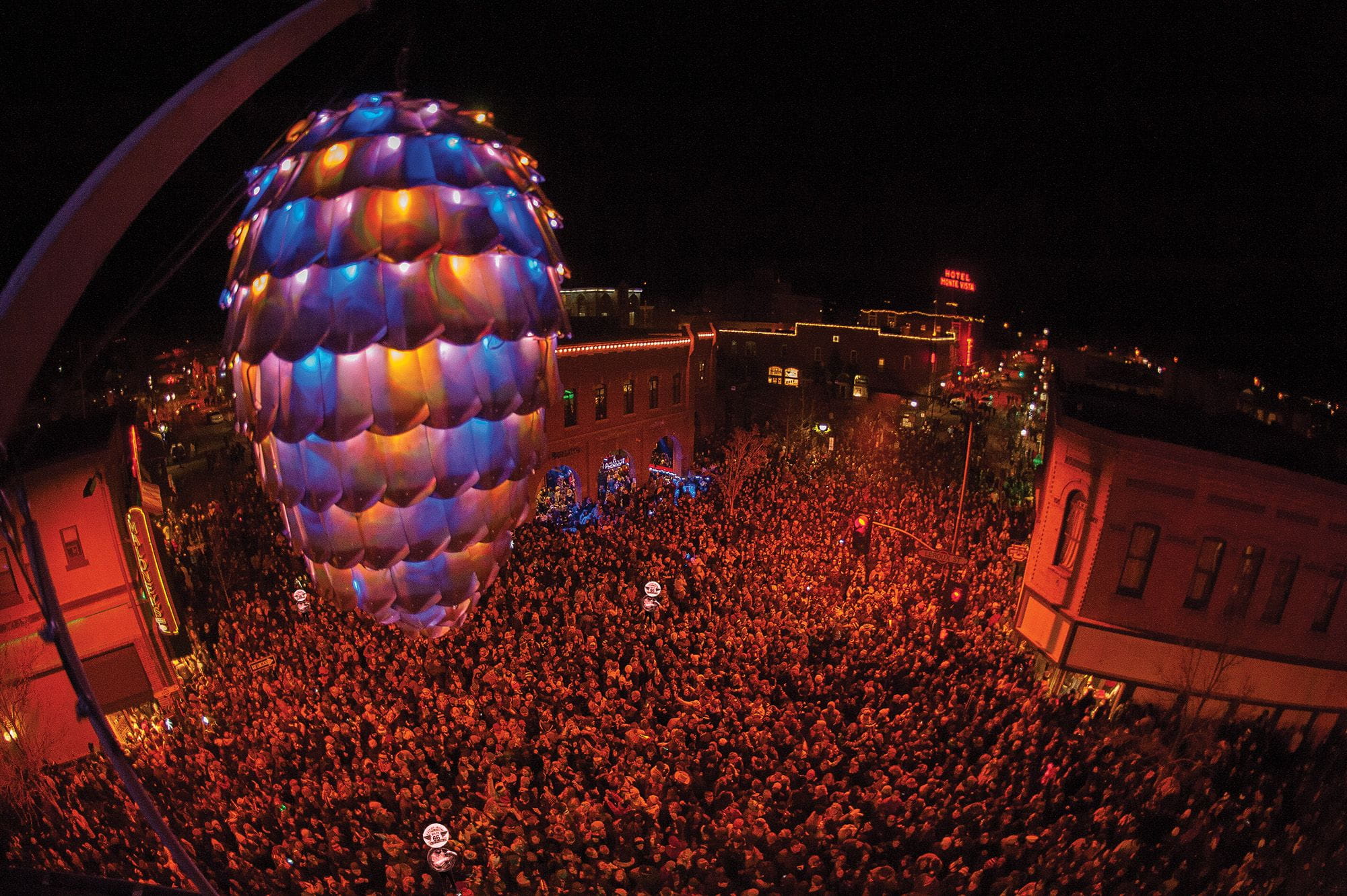 A large crowd of people at the annual Pinecone Drop event in Flagstaff, Arizona. 