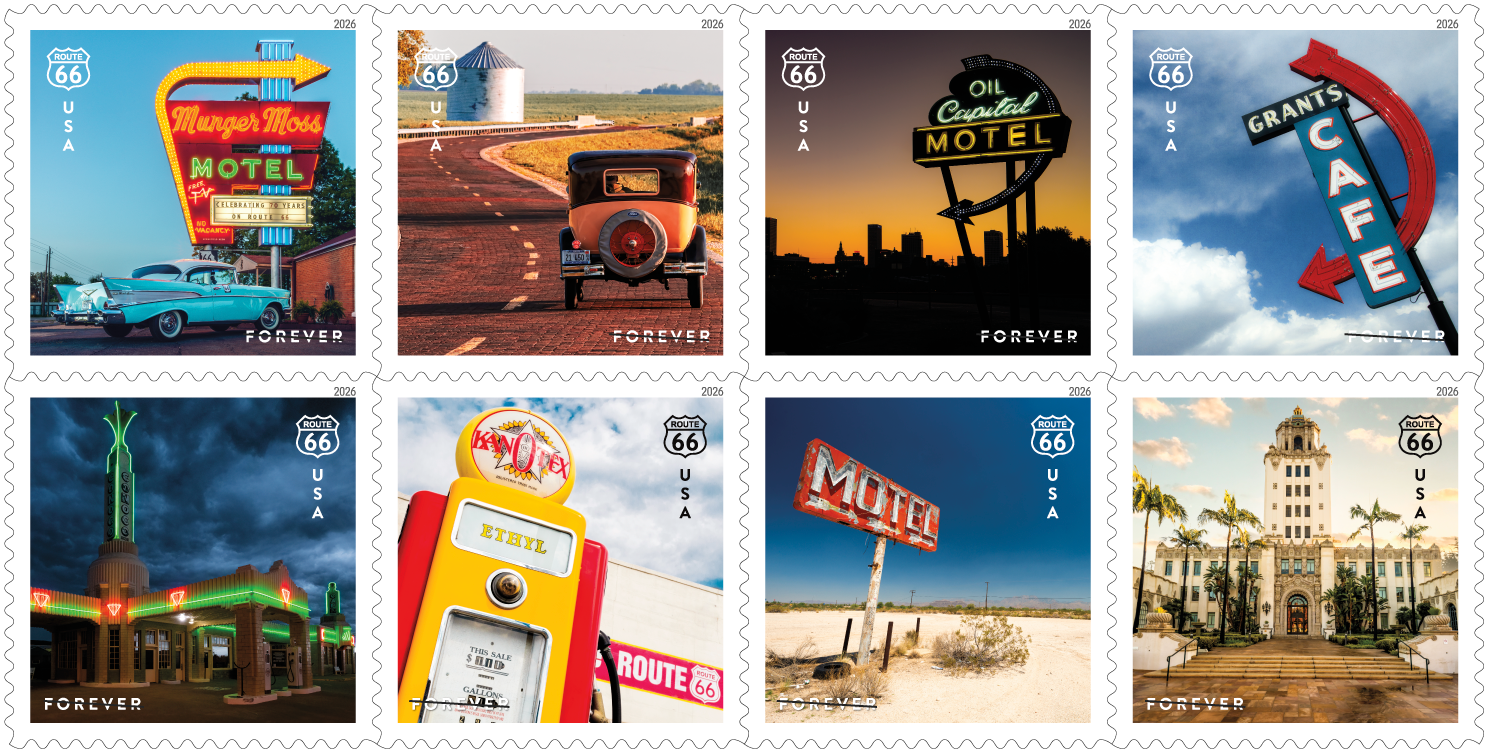 A set of 8 USPS stamps, each depicting different scenes along Route 66
