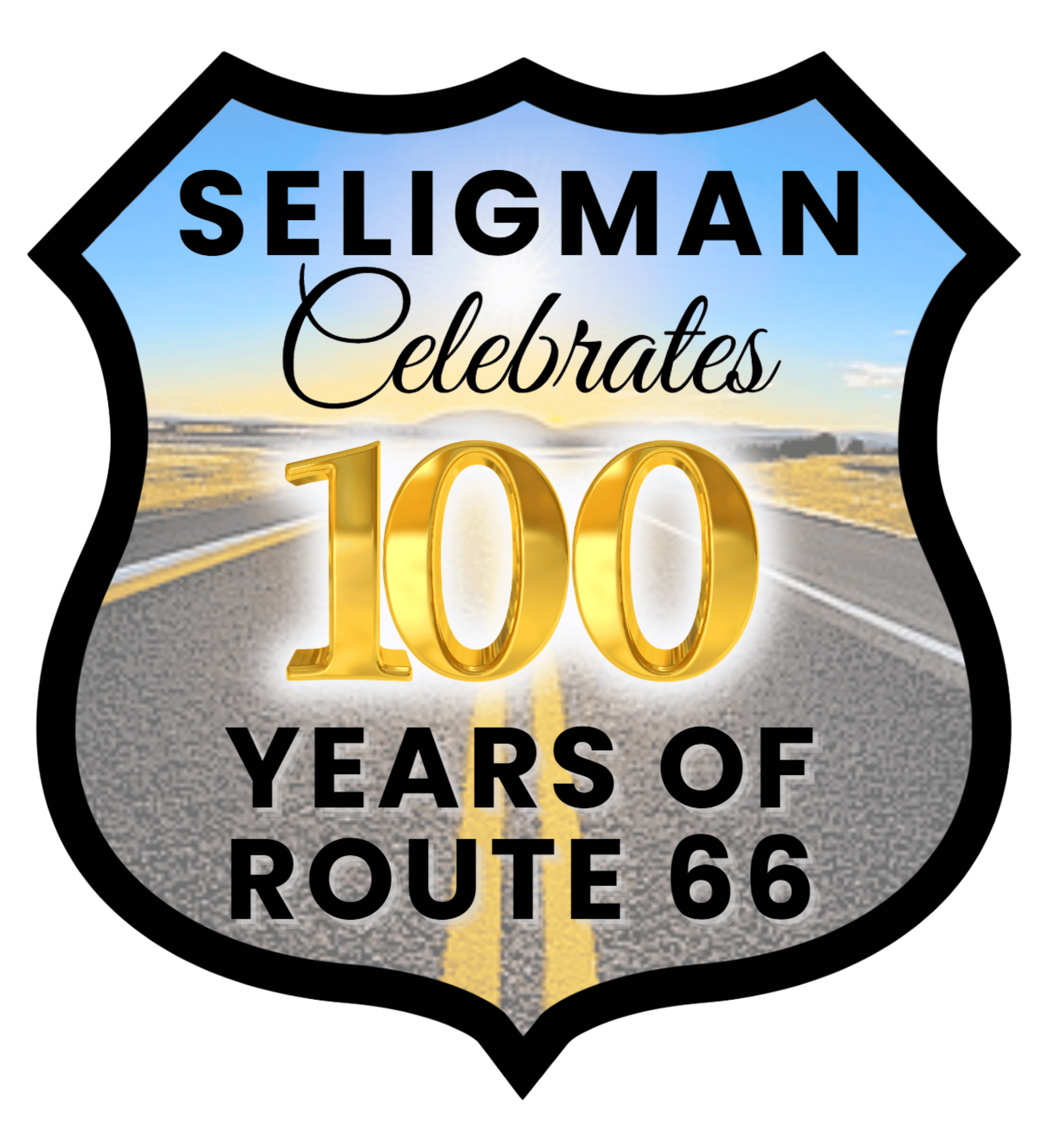 Text "Seligman Celebrates 100 Years of Route 66" inside a shield with a road in the background. 