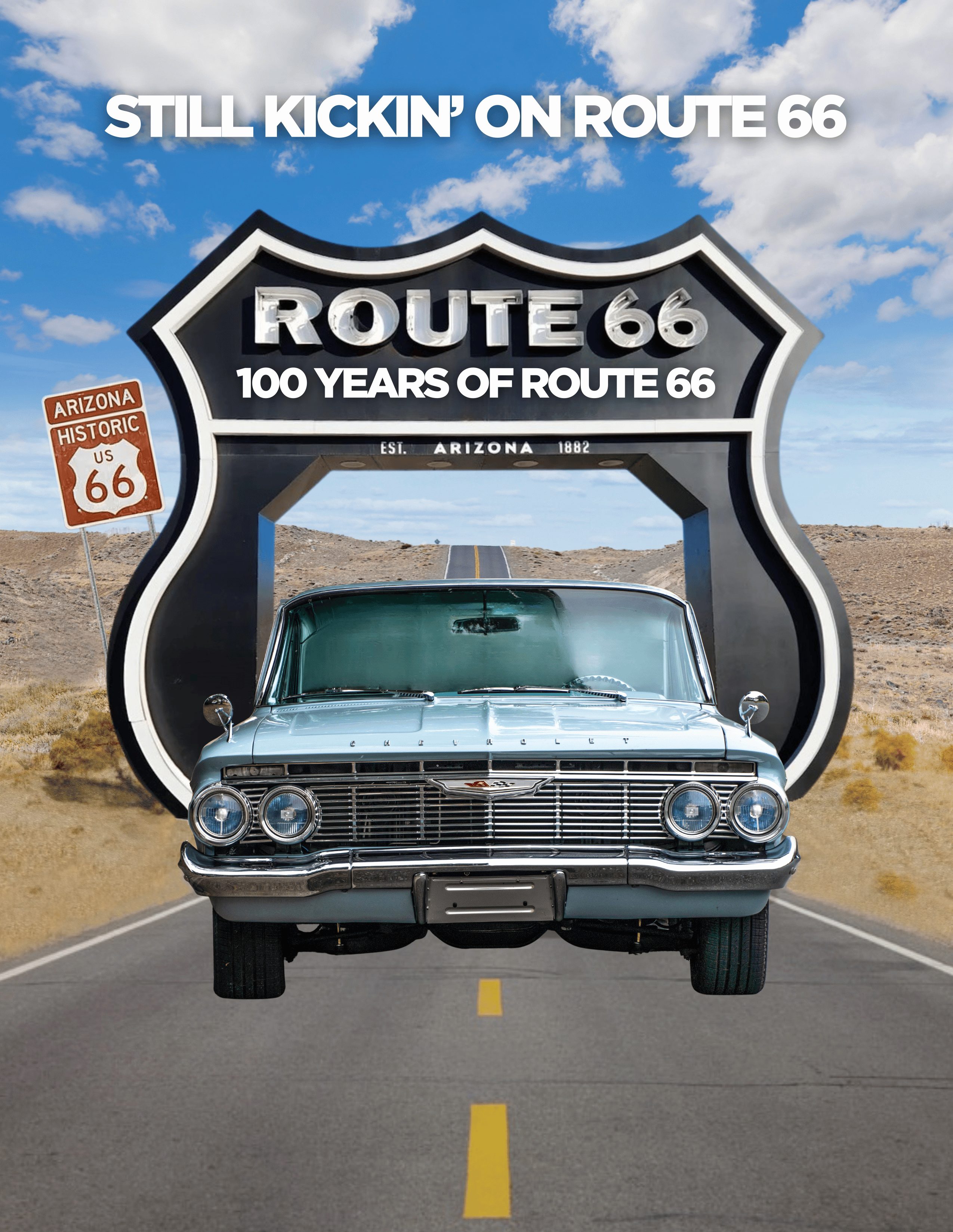 A poster for Still Kickin' on Route 66 film with a classic car driving through a route 66 shield on a long stretch of road