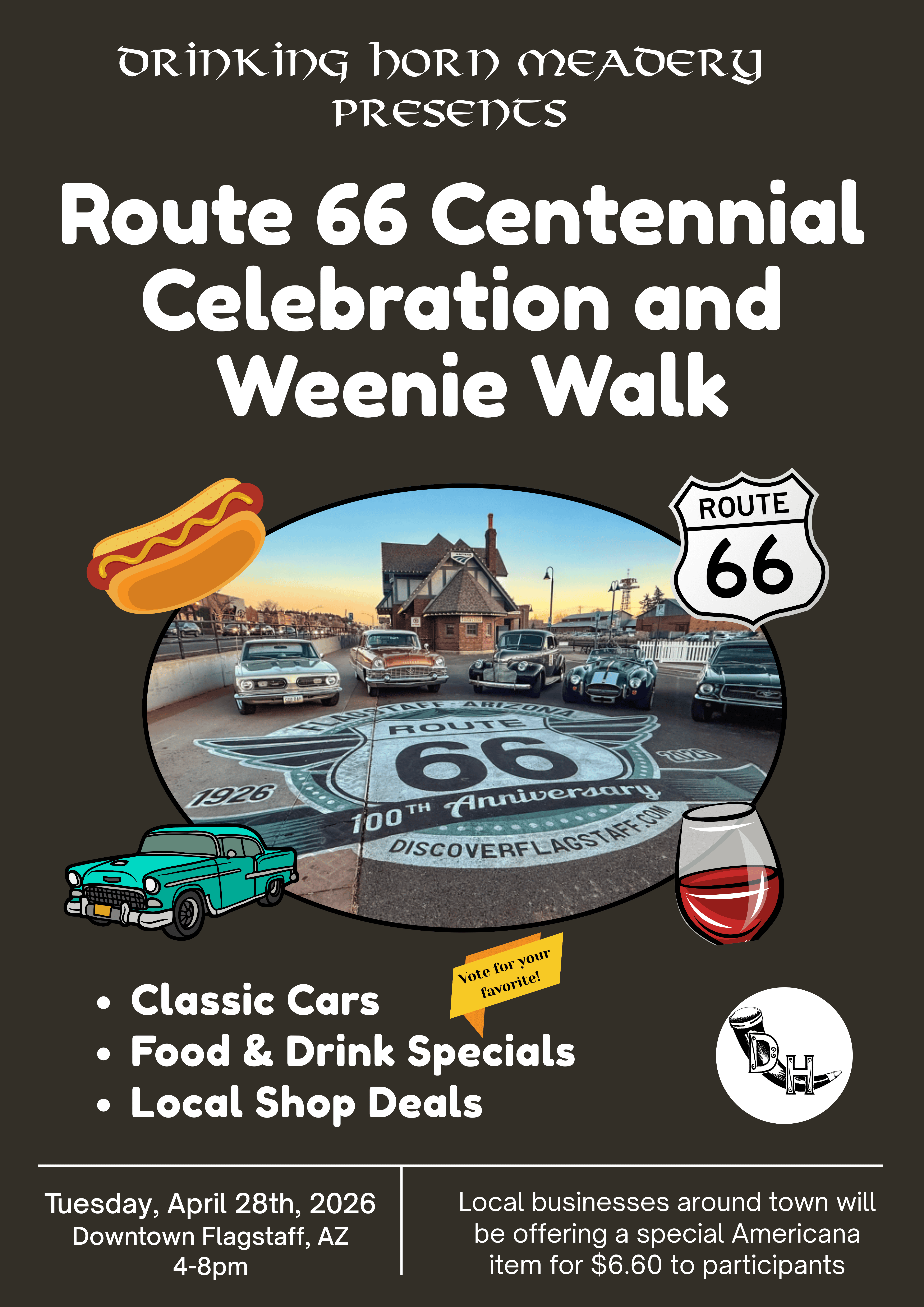 Flyer for the Route 66 Centennial Celebration and Weenie Walk in Flagstaff, Arizona