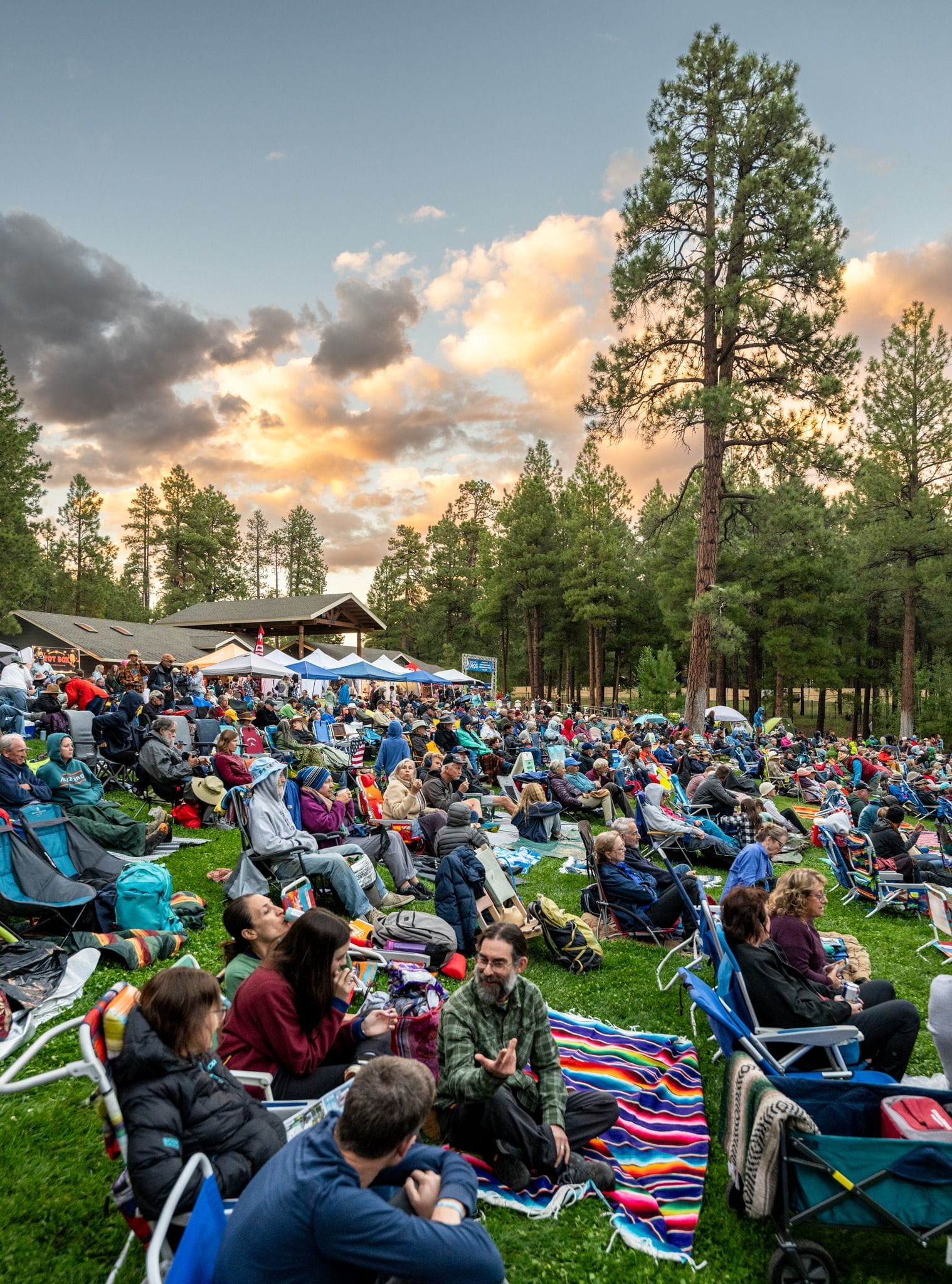 A crowd of people sitting in the grass at a music festival